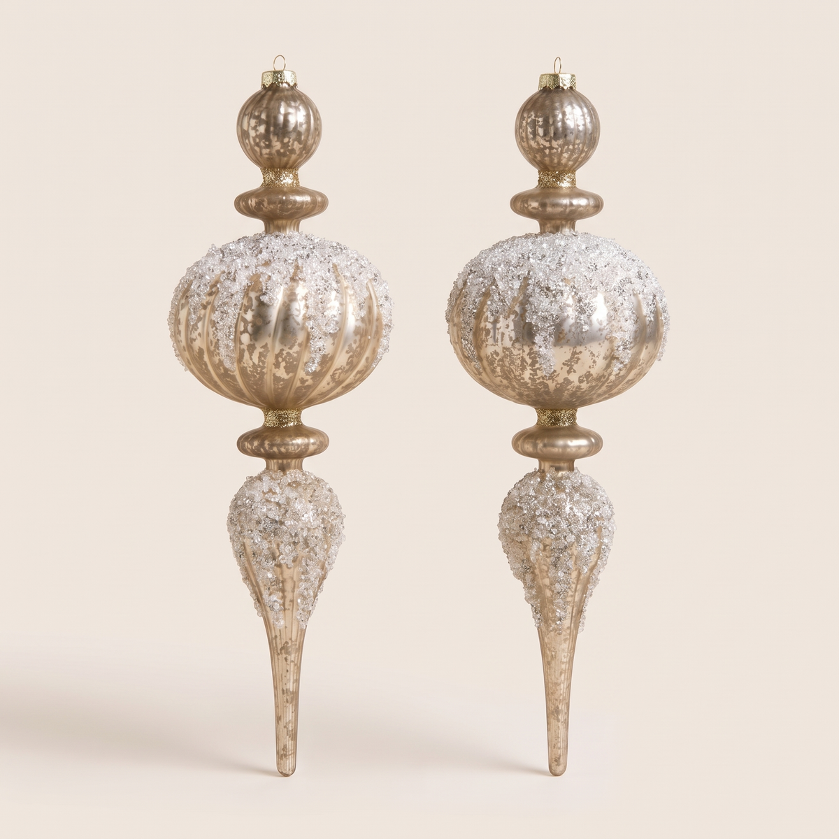 Champagne Gold Glass Finial Christmas Baubles – Set of 2 – studio view
