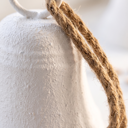 Matte White Metal Hanging Christmas Bell – Mini 13.5cm – close-up of the matte finish and rope loop