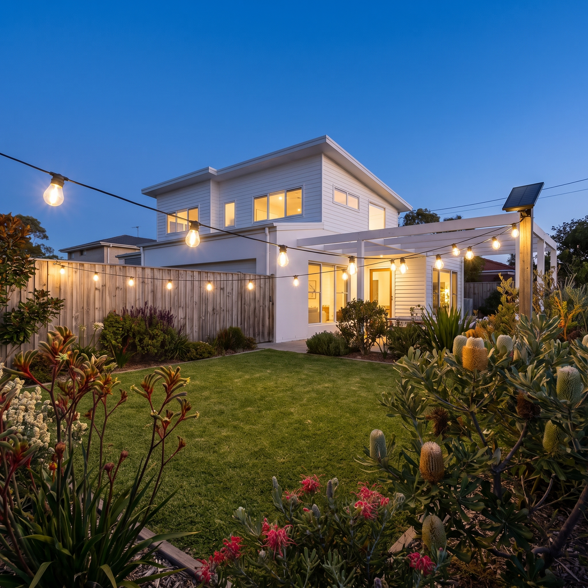 Warm White Solar Festoon Christmas String Lights – 17m, 15 Bulbs – strung across the front yard of a modern home at dusk