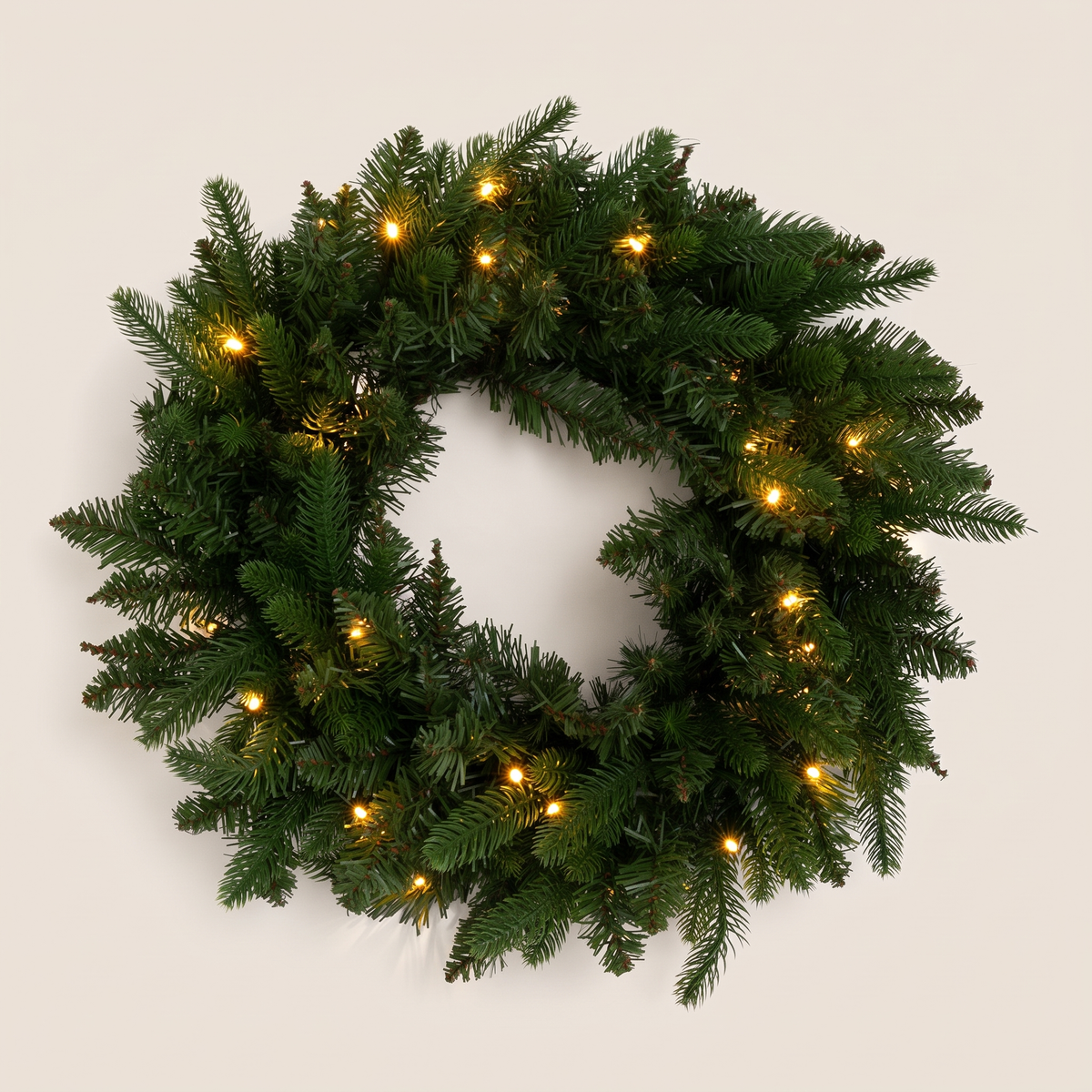 Green Pre-Lit LED Christmas Wreath – 50cm, Warm White – studio view