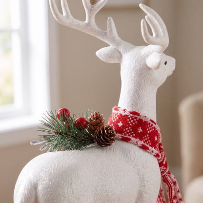 White Glitter Standing Reindeer Christmas Decoration – 45cm – close-up of the glitter, foliage and baubles
