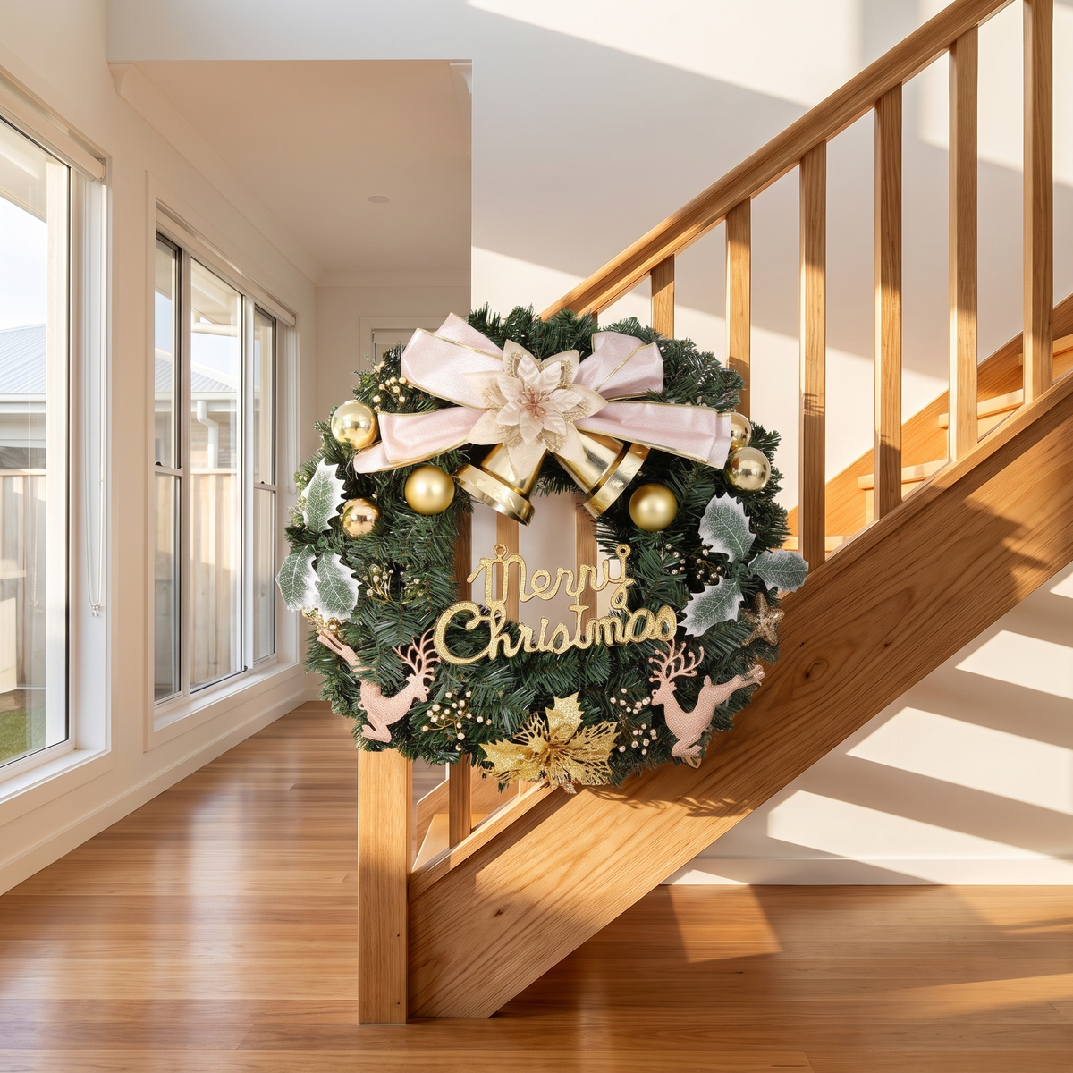 Green Decorated Christmas Wreath with Gold Baubles – 60cm – hanging on a timber staircase banister