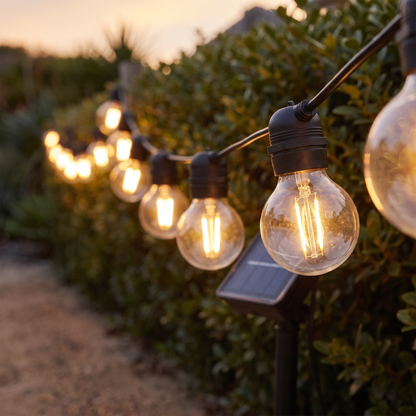 Warm White Solar Festoon Christmas String Lights – 17m, 15 Bulbs – close-up of the S14 festoon bulbs