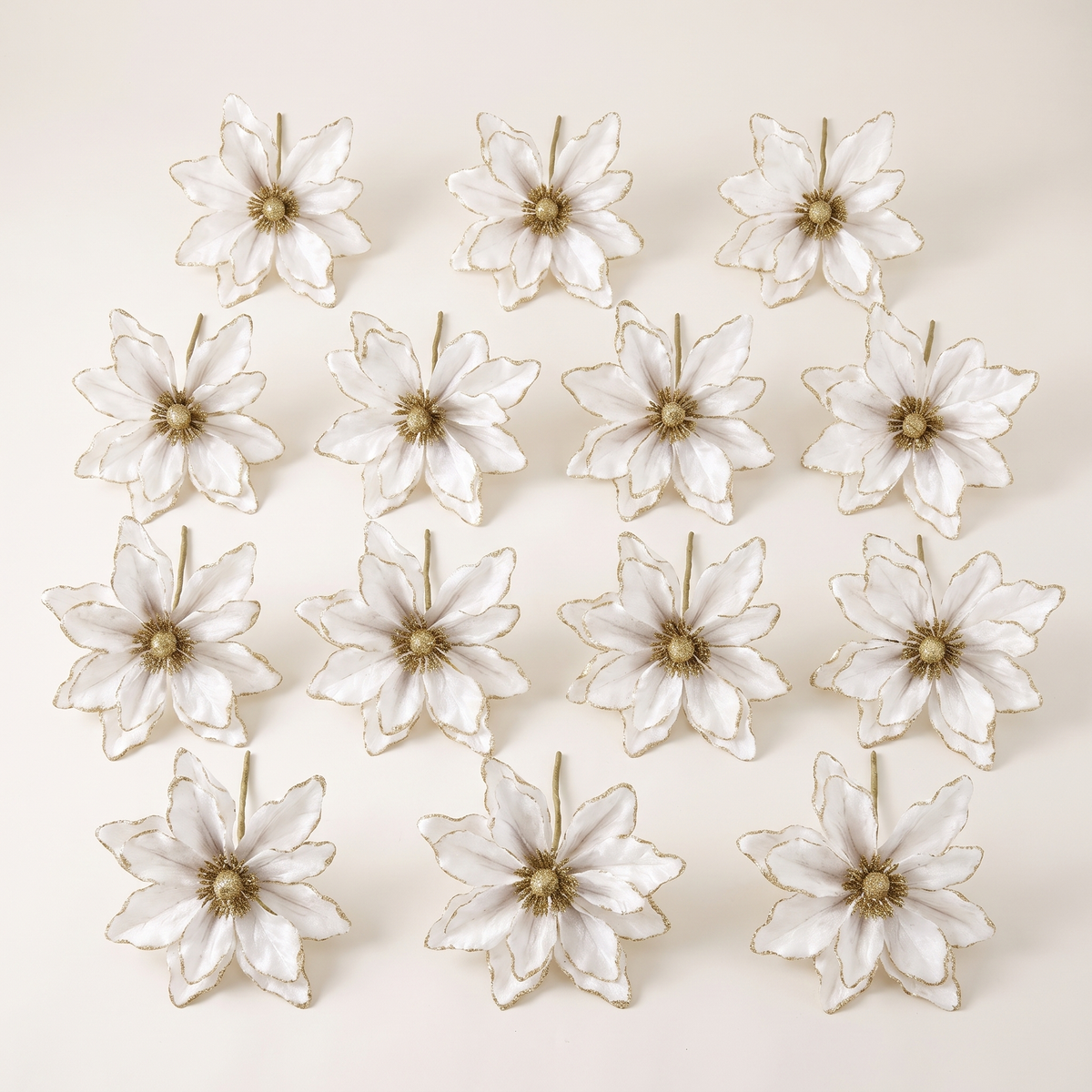 White & Gold Magnolia Christmas Tree Flowers – Set of 14, 25cm – studio view