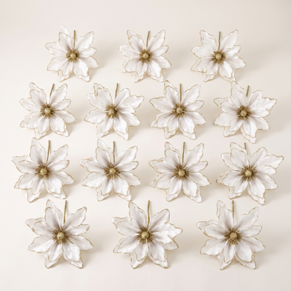 White & Gold Magnolia Christmas Tree Flowers – Set of 14, 25cm – studio view