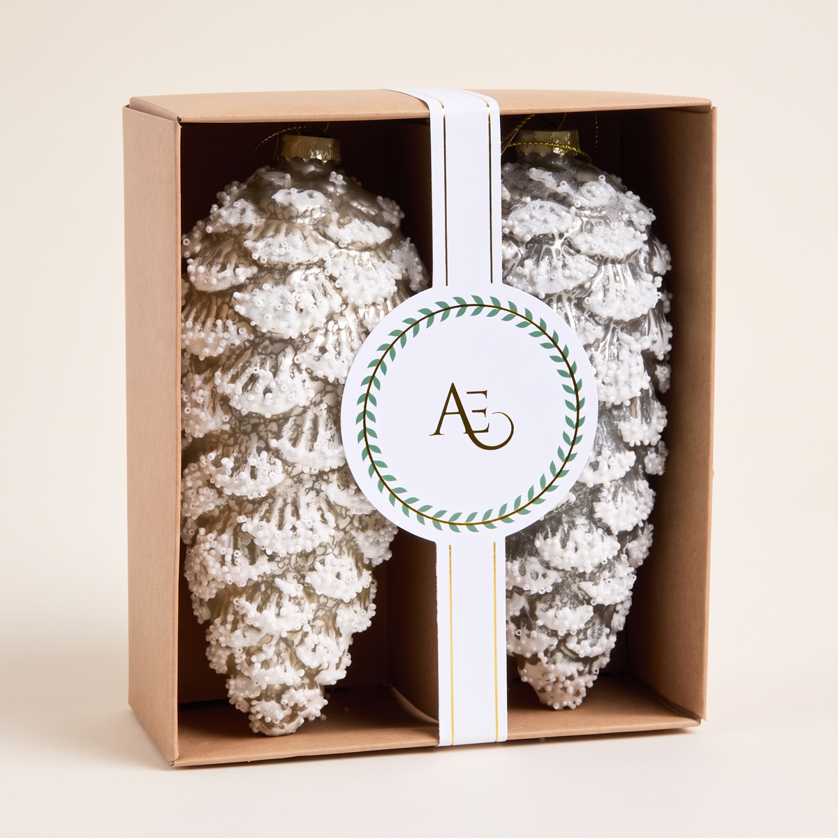 Champagne Gold Glass Pinecone Christmas Baubles – Set of 2 – studio view