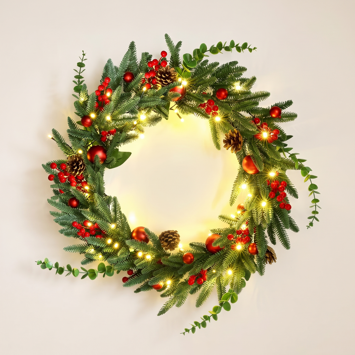 Red Berry & Pine Cone Pre-Lit Christmas Wreath – 60cm, 50 LED – studio view
