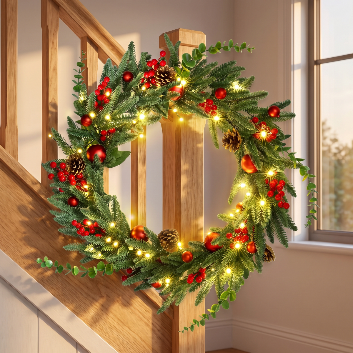 Red Berry & Pine Cone Pre-Lit Christmas Wreath – 60cm, 50 LED – glowing on a timber staircase banister in the evening