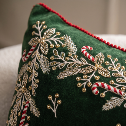 Green Velvet Holly & Candy Cane Christmas Cushion Cover – 50cm – close-up of the embroidery and beading