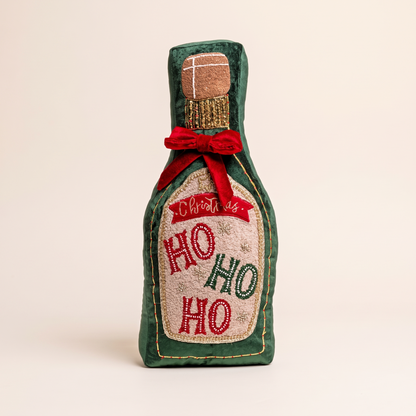 Green Velvet Champagne Bottle Christmas Cushion – 45cm, Beaded – front-on studio view