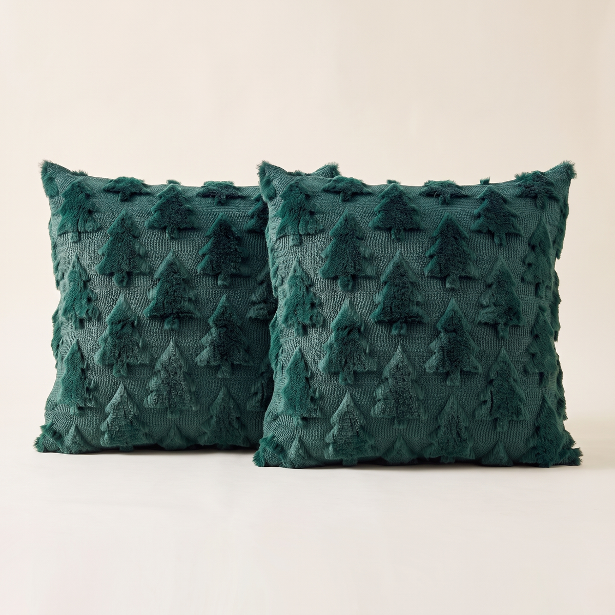 Green Faux Fur Christmas Tree Cushion Covers – 45cm, Set of 2 – front-on studio view of both covers