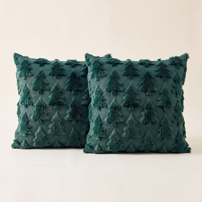 Green Faux Fur Christmas Tree Cushion Covers – 45cm, Set of 2 – front-on studio view of both covers
