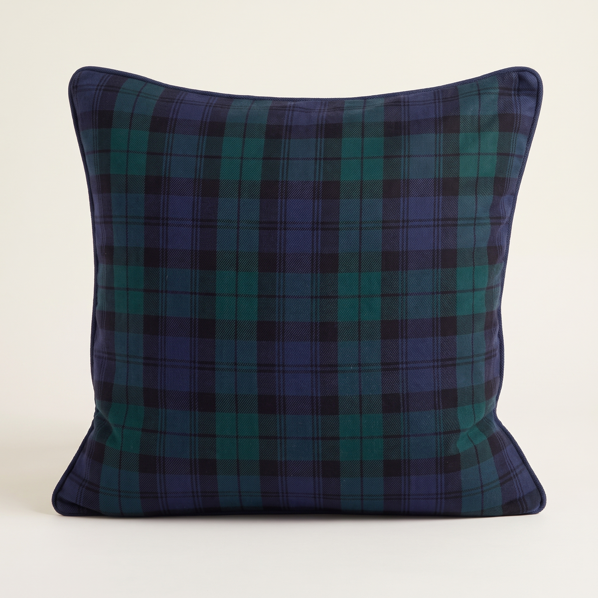 Blue & Green Tartan Christmas Cushion Cover – 50cm, Piped – front-on studio view