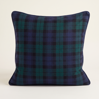 Blue & Green Tartan Christmas Cushion Cover – 50cm, Piped – front-on studio view