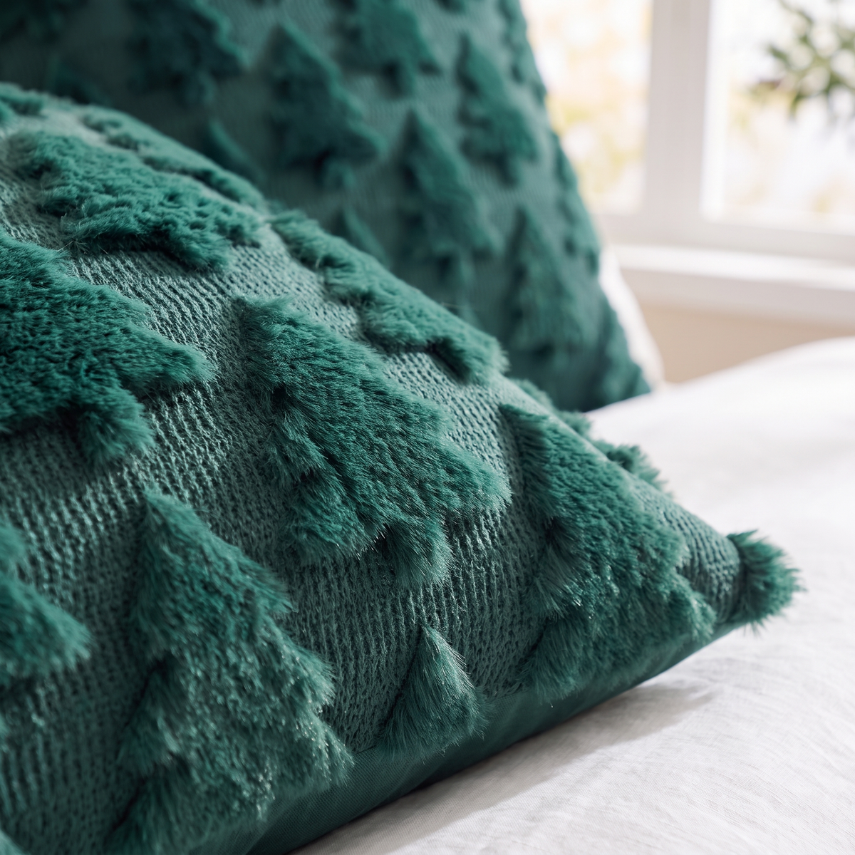 Green Faux Fur Christmas Tree Cushion Covers – 45cm, Set of 2 – close-up of the faux fur tree texture