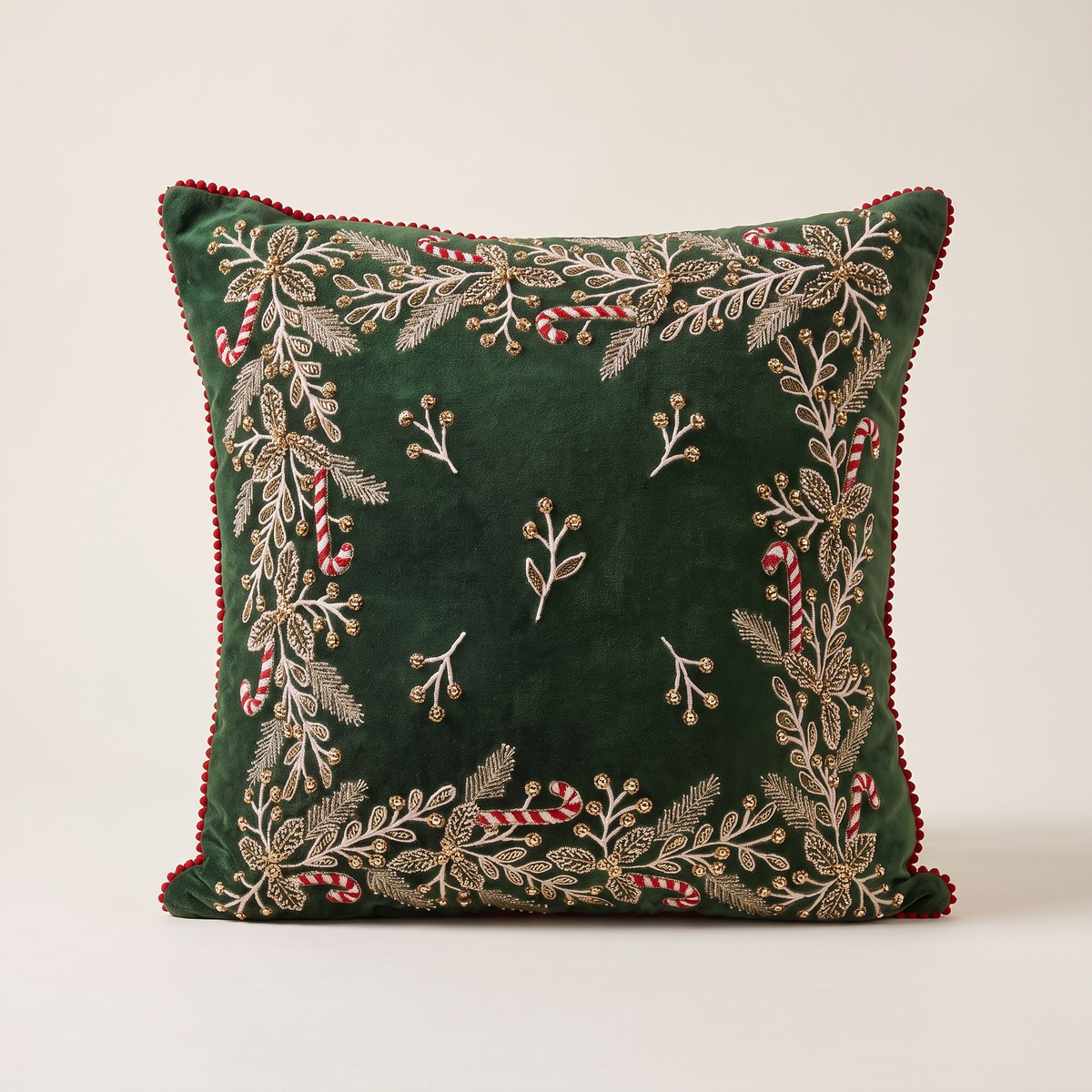 Green Velvet Holly & Candy Cane Christmas Cushion Cover – 50cm – front-on studio view