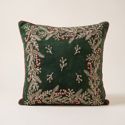 Green Velvet Holly & Candy Cane Christmas Cushion Cover – 50cm – front-on studio view