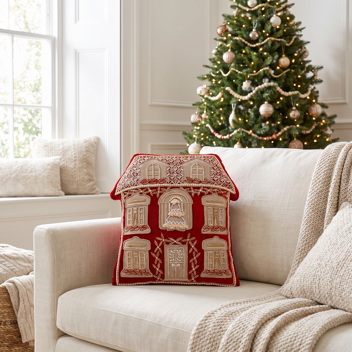 Red Velvet Beaded Christmas House Cushion – 42cm, Insert Included – on a cream linen sofa