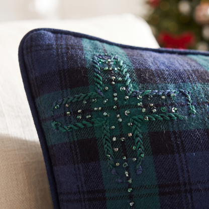 Blue & Green Tartan Christmas Cushion Cover – 50cm, Piped – close-up of the tartan weave and piping