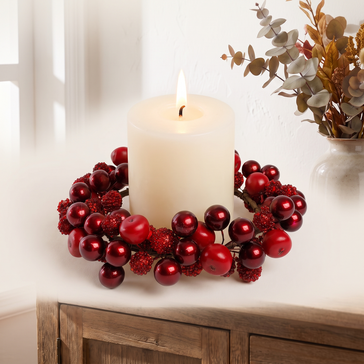Dark Red Berry Christmas Candle Ring – 11cm – studio view