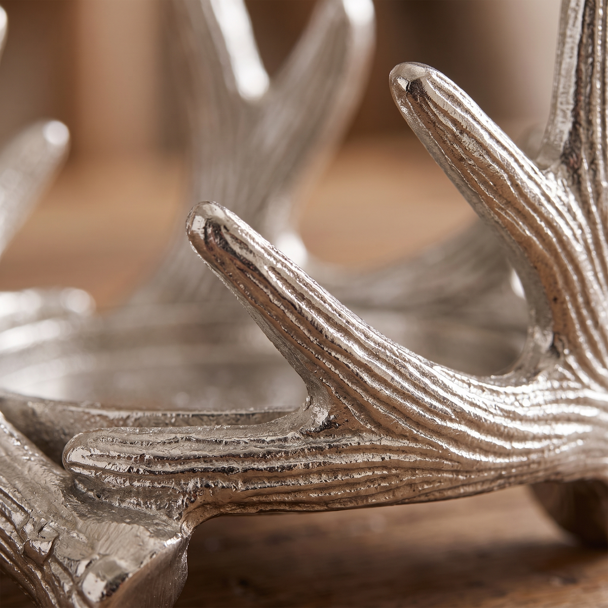 Silver Antler Pillar Candle Holder – Small – close-up of the finish and texture