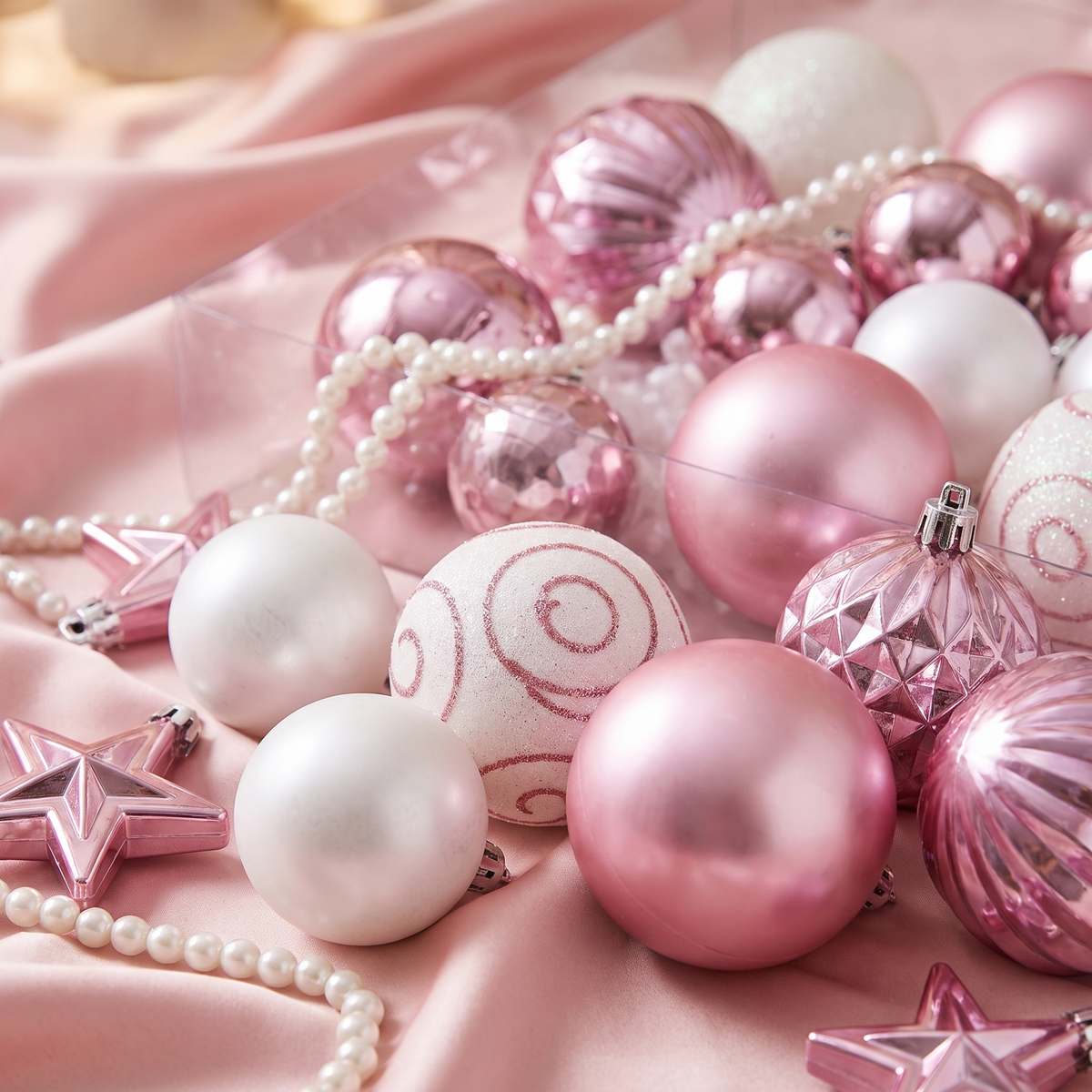 Pink & White Christmas Bauble Decorations – 33 Piece Set – close-up of the finish and texture