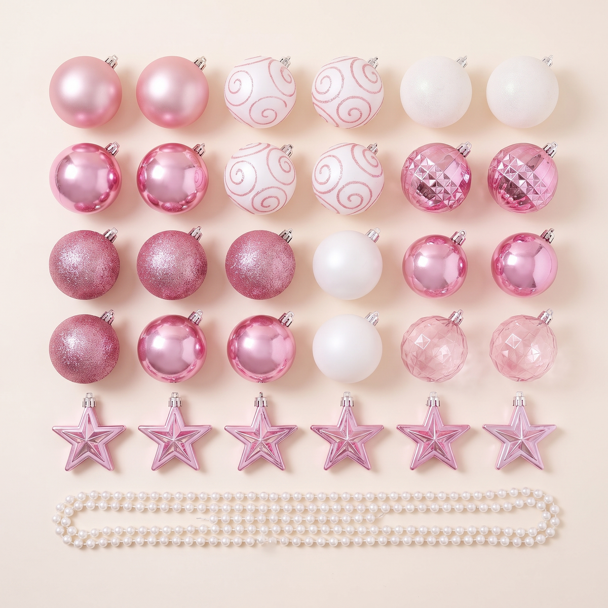 Pink & White Christmas Bauble Decorations – 33 Piece Set – studio view