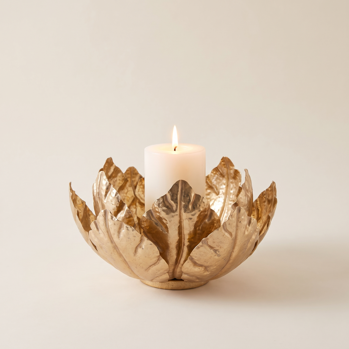 Gold Lotus Metal Pillar Candle Holder – 31cm – studio view