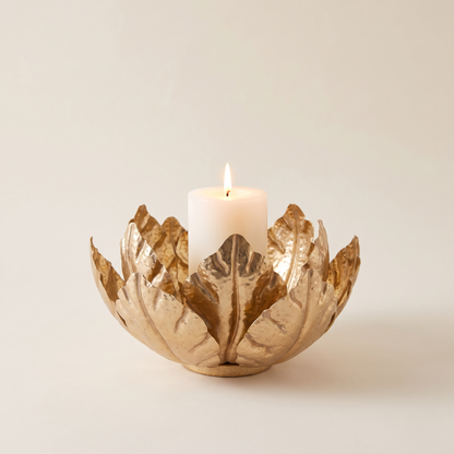 Gold Lotus Metal Pillar Candle Holder – 31cm – studio view
