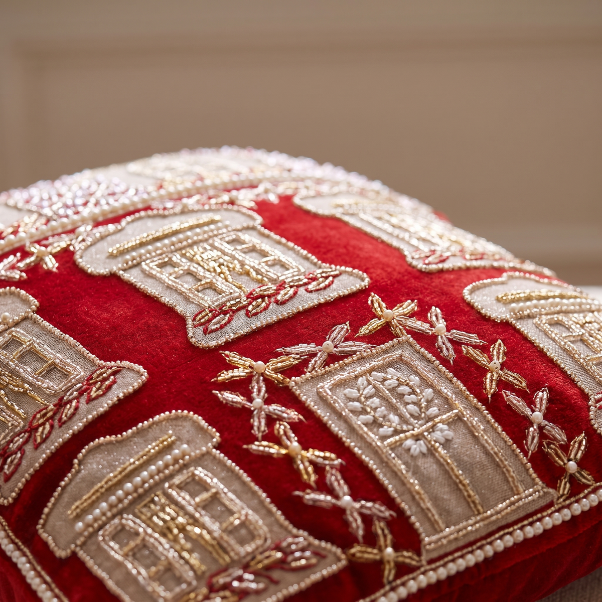 Red Velvet Beaded Christmas House Cushion – 42cm, Insert Included – close-up of the beadwork and embroidery