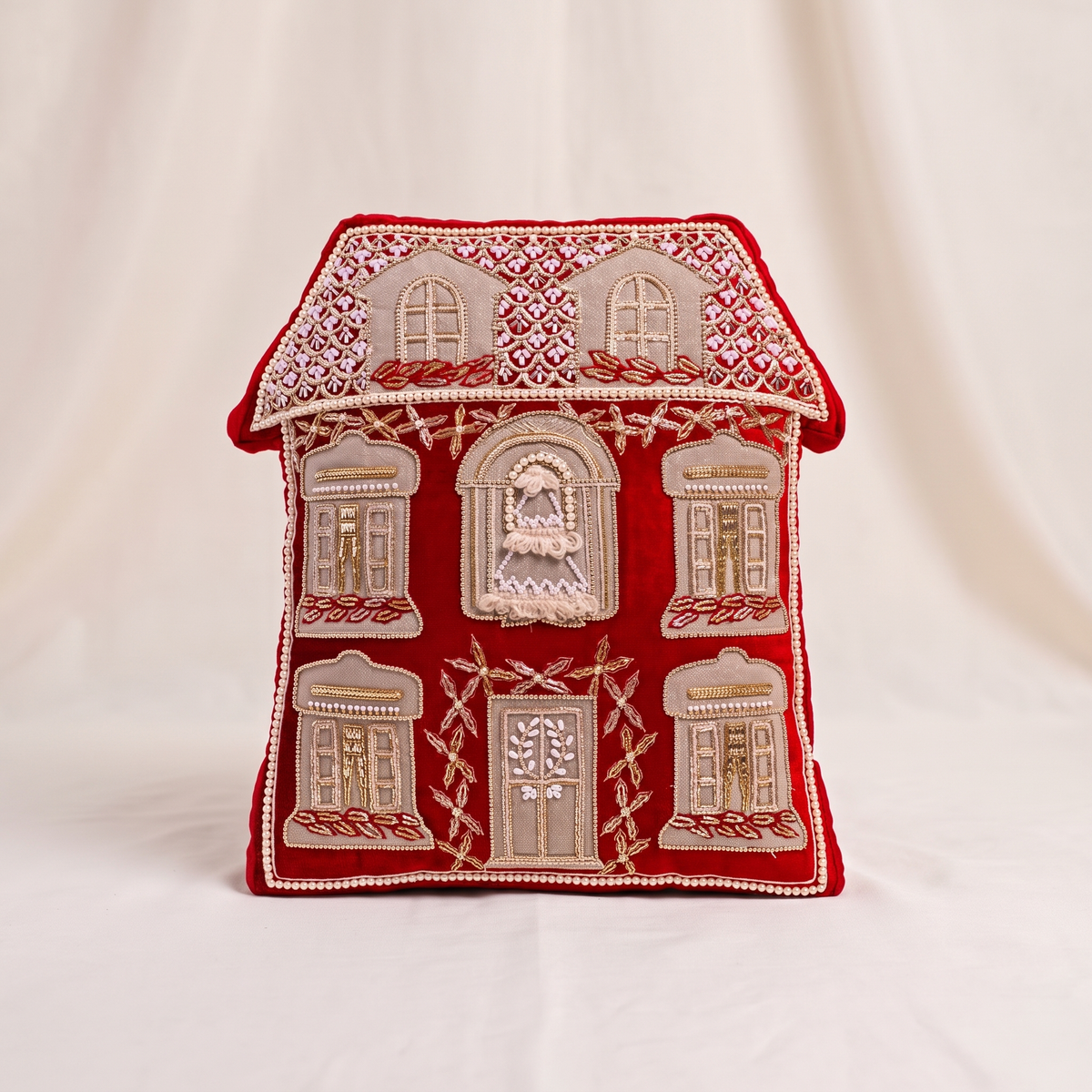 Red Velvet Beaded Christmas House Cushion – 42cm, Insert Included – front-on studio view