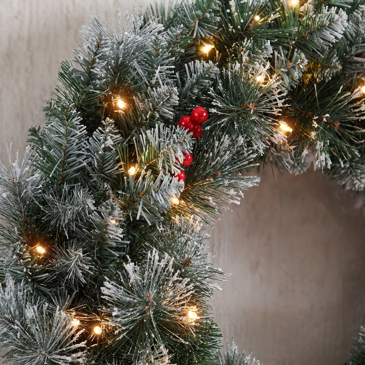 Snow-Frosted Red Berry Pre-Lit Christmas Wreath – 60cm, 50 LED – close-up of the foliage and LEDs