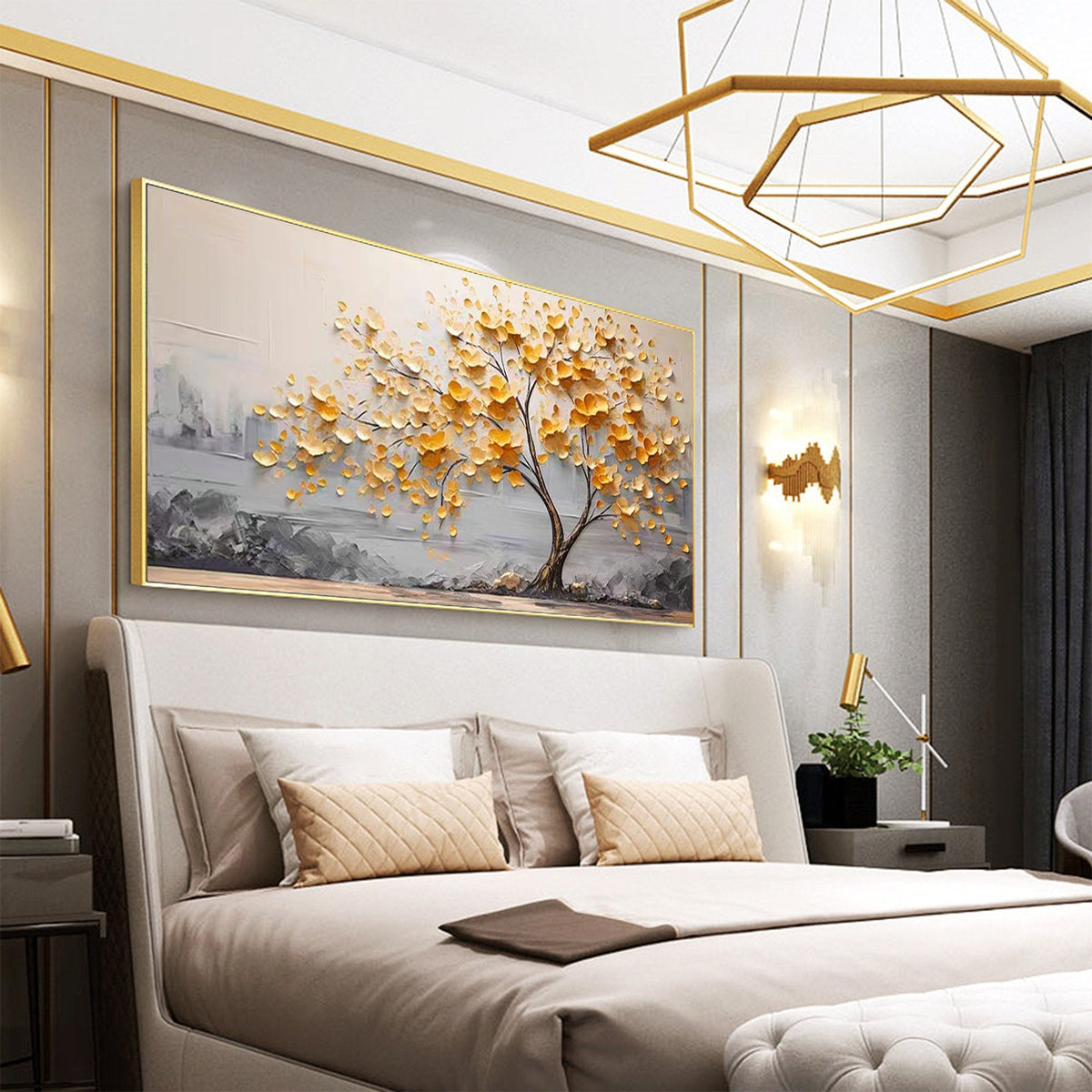 Textured Golden Blossom Tree Canvas Painting
